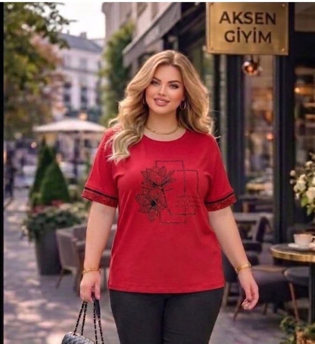 Büyük Beden Kolları Biyeli ve Taşlı Kısa Kol Likralı Modal Penye Bluz