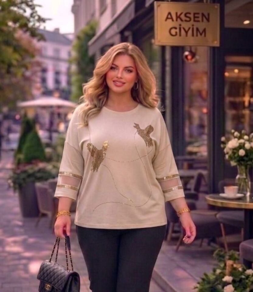 Önü Taşlı ve Kolları Tül Detaylı Likralı Penye Bluz