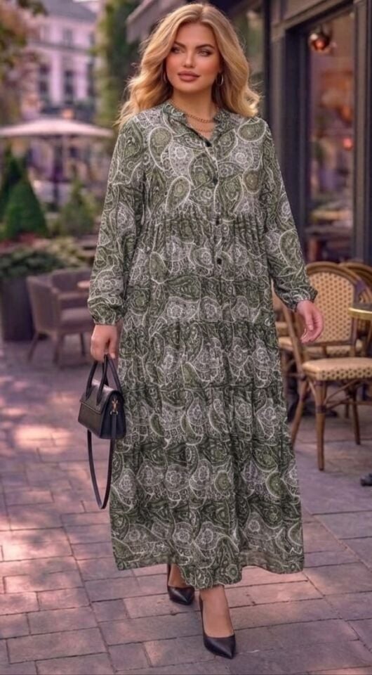 Şal Desenli İki Kat Fırfırlı Düğmeli Pamuk Viskon Elbise