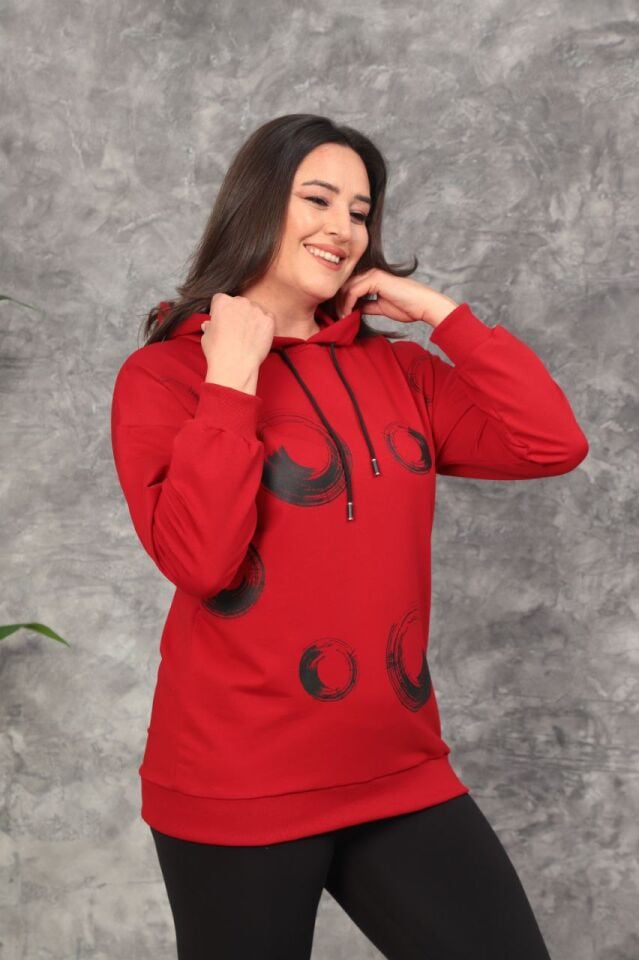 Büyük Beden İki İplik Kompak Penye Baskılı Kapüşonlu Manşetli Sweat