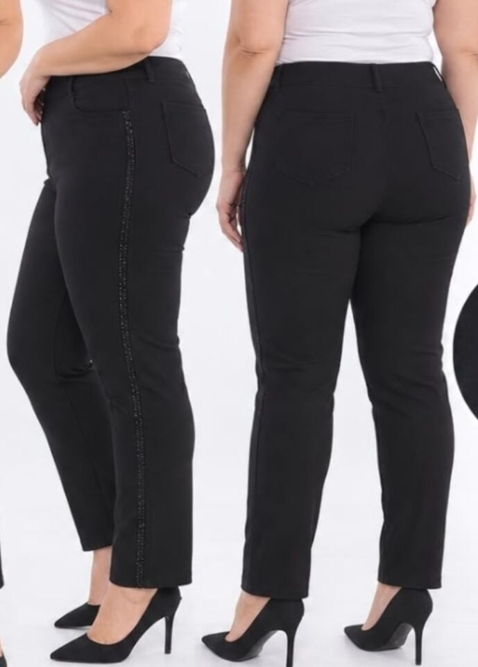 Büyük Beden Full Likralı Toparlayıcı Yanı Taşlı Çelik Dokuma Pantolon