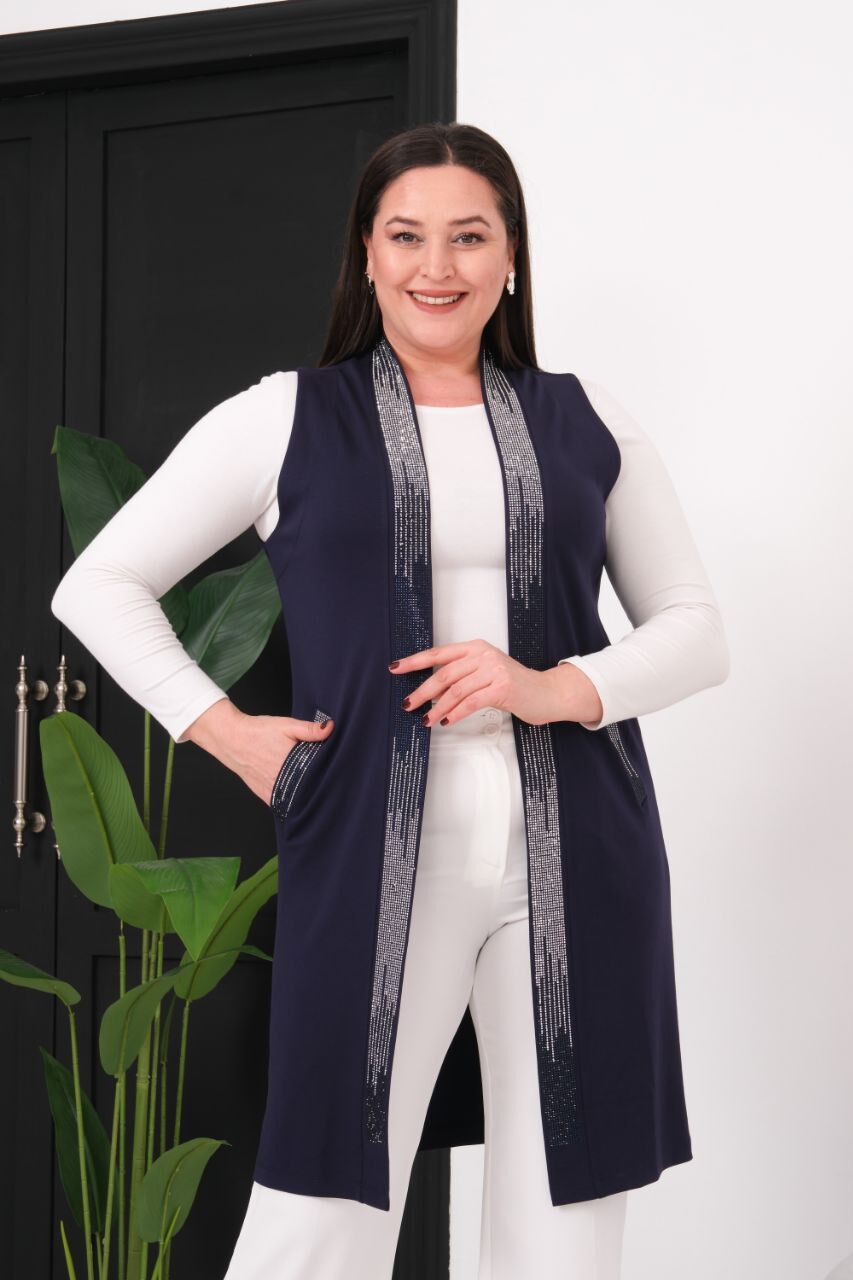 Büyük Beden 100 cm Boyda Gümüş Taş Süsleme İki Cepli Modal Kumaş Yelek