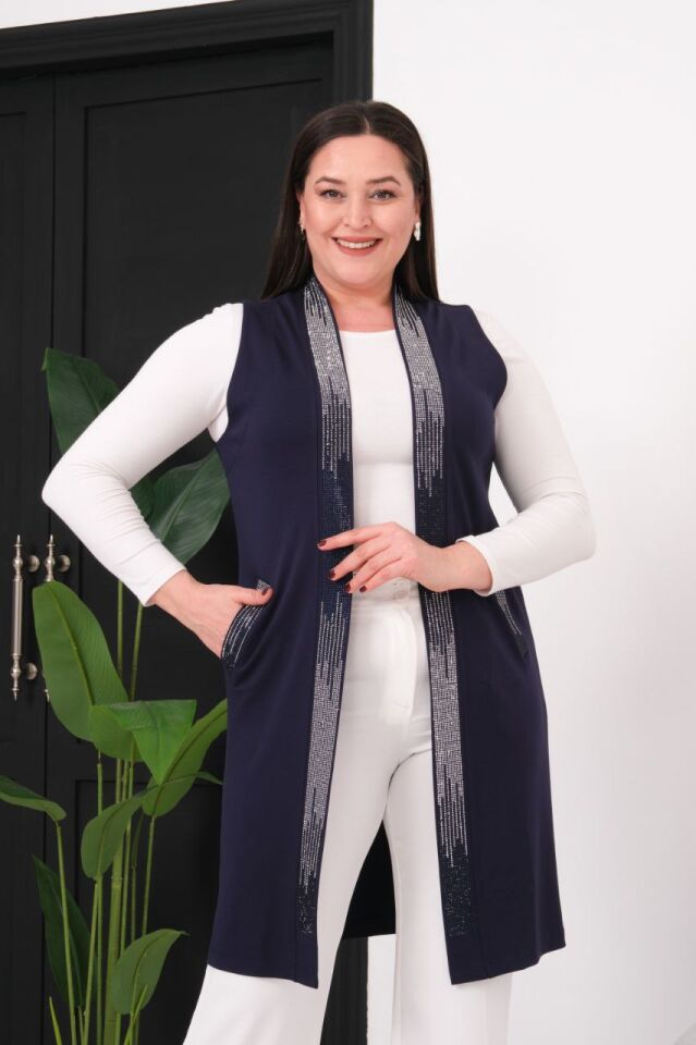 Büyük Beden 100 cm Boyda Gümüş Taş Süsleme İki Cepli Modal Kumaş Yelek