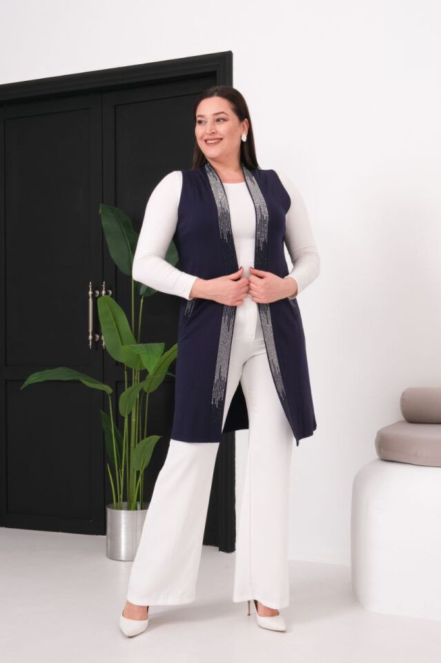 Büyük Beden 100 cm Boyda Gümüş Taş Süsleme İki Cepli Modal Kumaş Yelek