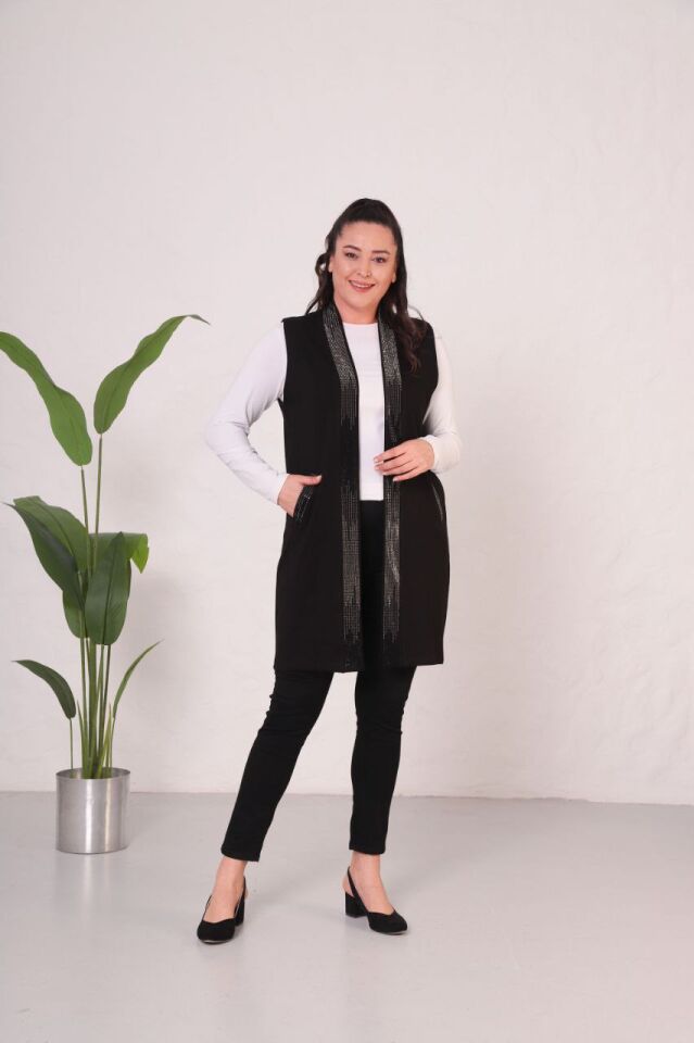 Büyük Beden 100 cm Boyda Gümüş Taş Süsleme İki Cepli Modal Kumaş Yelek