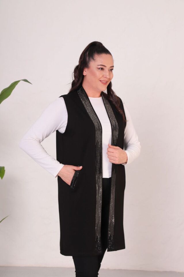 Büyük Beden 100 cm Boyda Gümüş Taş Süsleme İki Cepli Modal Kumaş Yelek